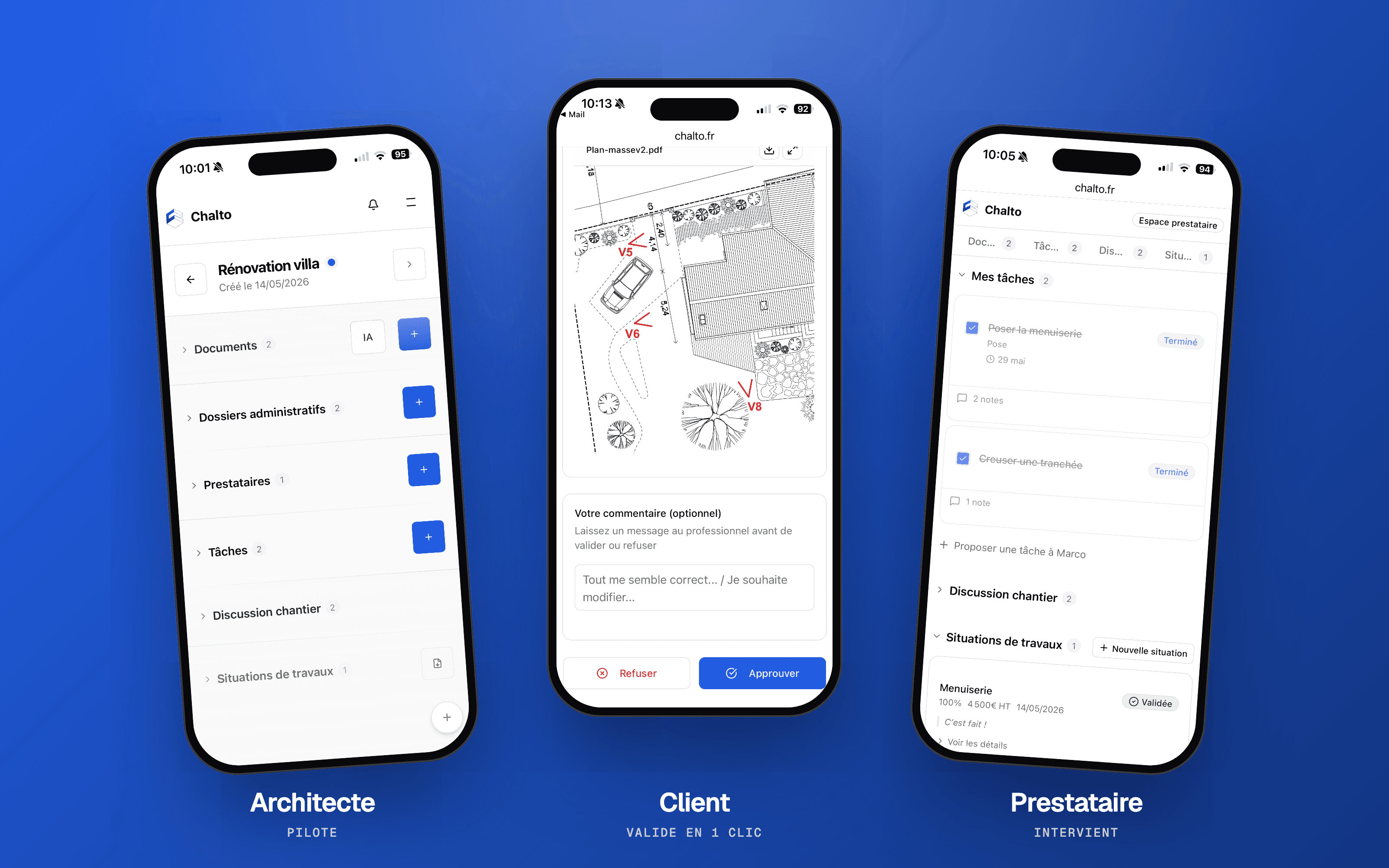 Trois écrans de l’interface mobile Chalto sur fond bleu