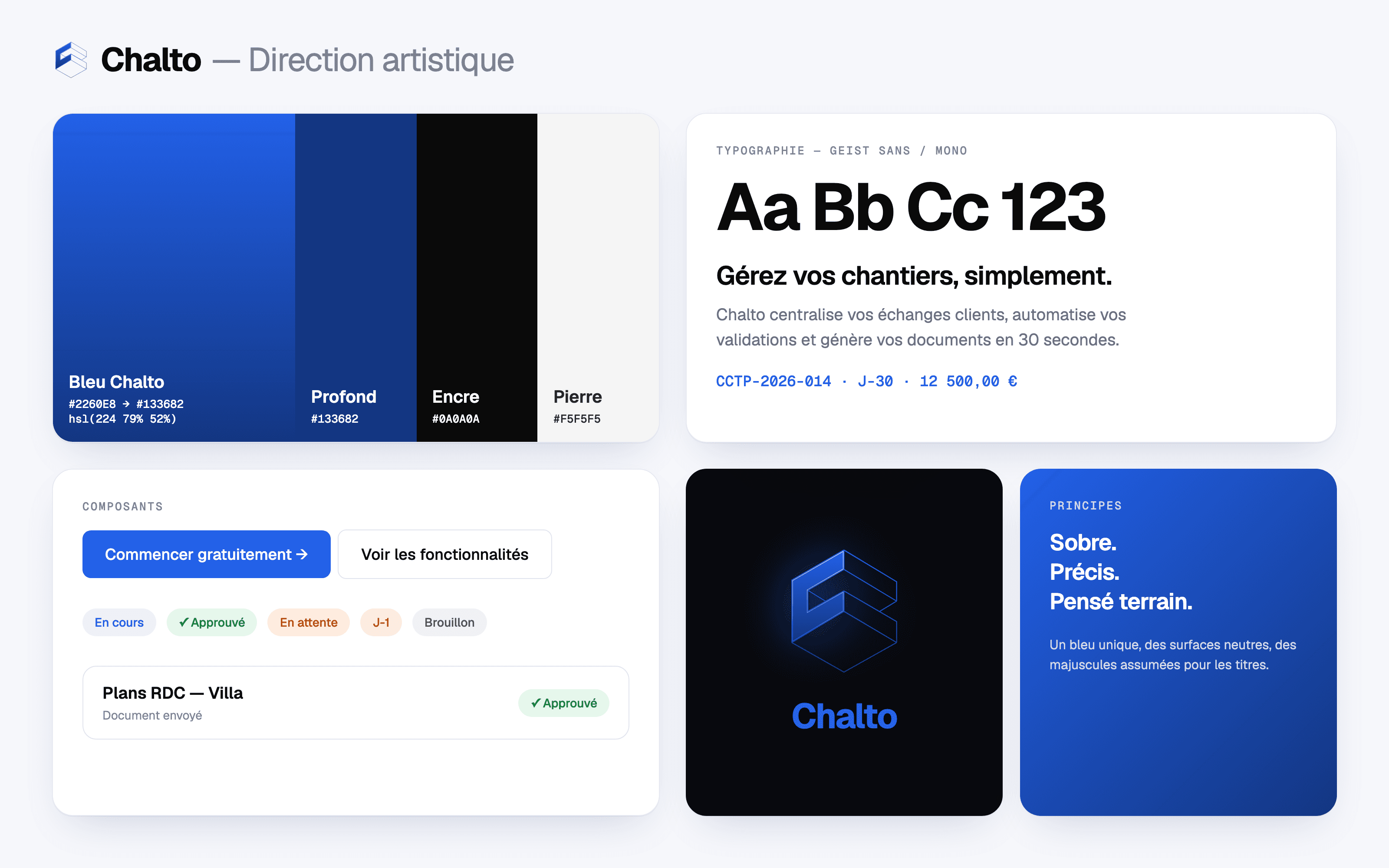 Planche Chalto : palette bleue et noire, typographies et déclinaisons graphiques